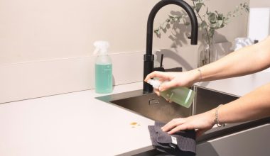 a woman is cleaning a kitchen sink with a rag